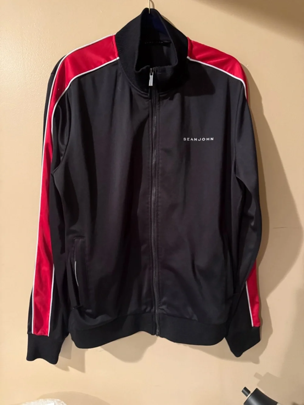Sean John Colorblock Tracksuit Black Red White L 2 Piece Polyester Jacket Pants